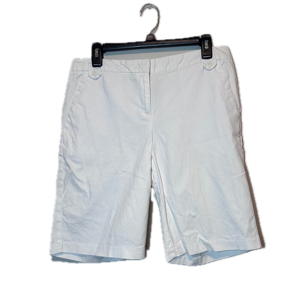 IZOD Womens White Stretch Cotton Bermuda Shorts Size 10 Button Detail Casual